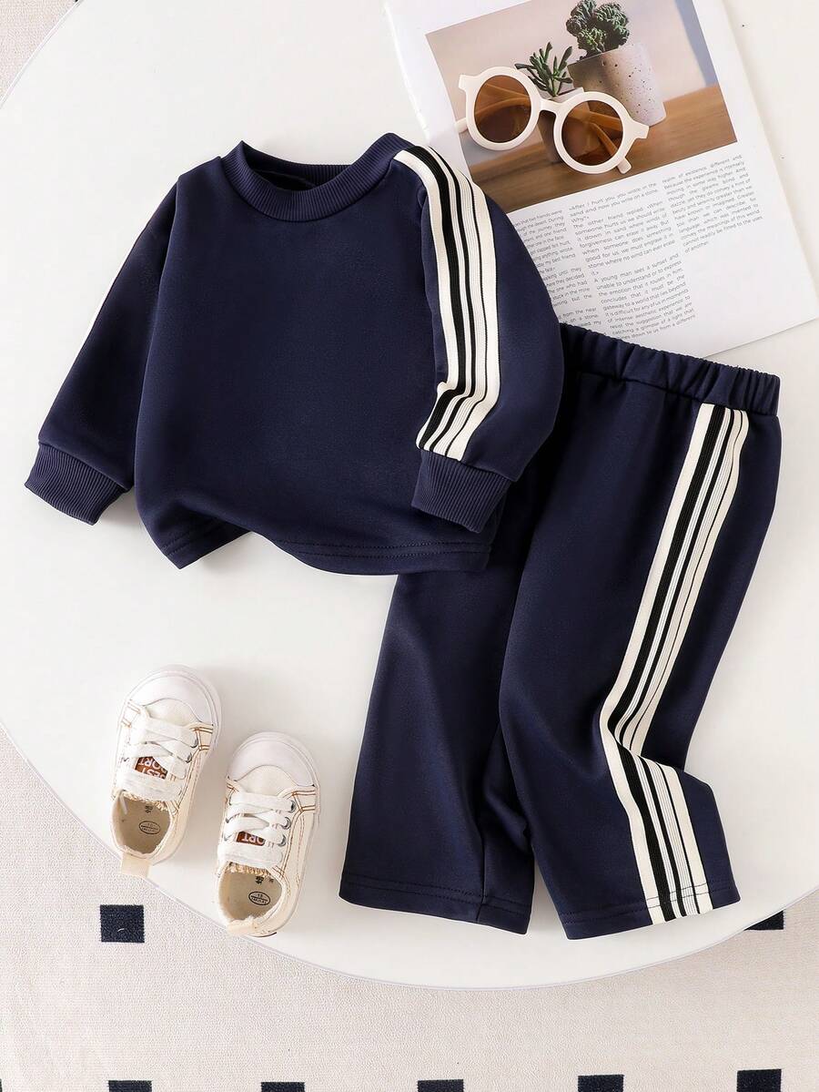 Conjunto de Moletom de Gola Redonda de Manga Longa Listrado e Calça Reta de Cintura Elástica Listrada para Menino/Menina Casual