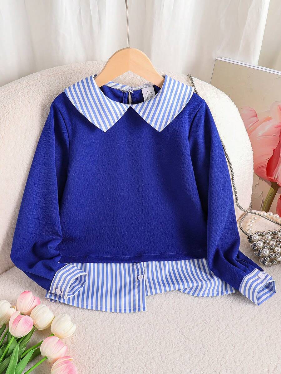 Girls' Casual Striped Collared Long Sleeve Shirt, Comfortable & Versatile For Everyday & Outdoor Wear, Fashionable & Stylish For Tween Girls Great Gift - Blue - View 1