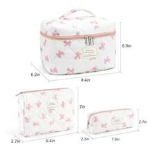 Makeup Bag For Women 3PCS, Quilted Cotton Cosmetic Bag Set, Large Travel Makeup Organizer With Bow, Floral Toiletry Pouch For Gifts - 如圖962 - 查看 3