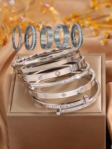 Camhanno 1/1 Set Luxury Stainless Steel Bracelet & Ring Combo, Versatile Fashion Accessories, Best Gift For Girlfriend - Gold - View 10