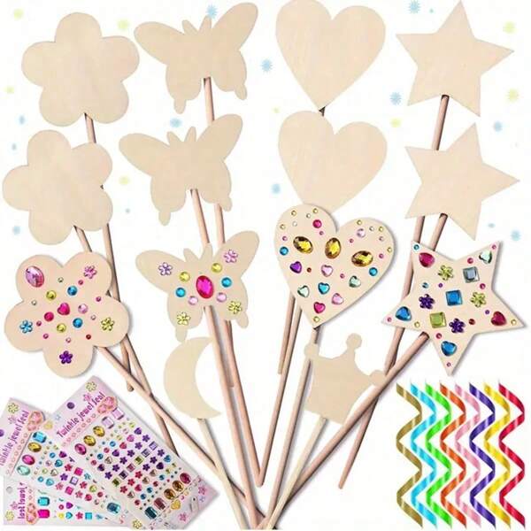 6pcs Princess DIY Magic Wand Craft Set, Includes 6 Unfinished Wooden Fairy Shapes (Flower, Butterfly, Heart, Star, Crescent Moon, And Crown), 6 Wooden Discs, And Stickers (Random Color Assortment). This Educational Hand-Painted Wooden DIY Craft Kit Is Perfect For Family Gatherings, Birthday Parties, Craft Activities, And Creative Gifts. Children's Arts & Crafts,
