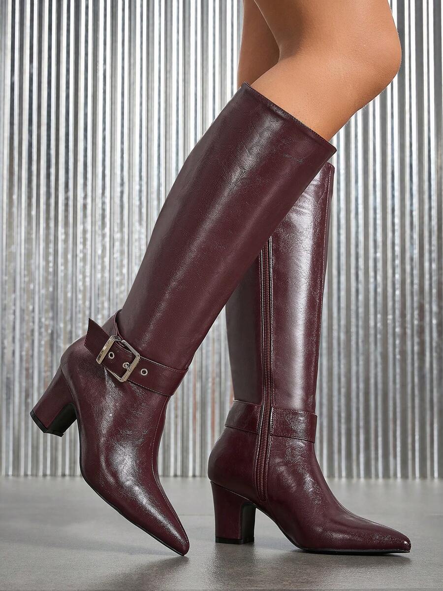 时尚现代扣侧拉链高跟靴，新款西部及膝靴，厚底，带皮带扣 - 酒紅色 - 查看 1