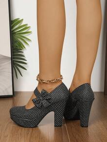 Zapatos de tacón alto con moño negro, bombas de plataforma gruesa impermeables, zapatos de novia - Negro - Ver 5