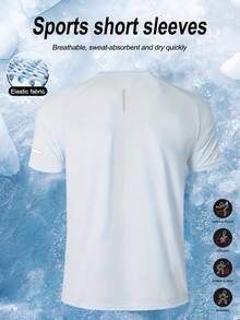 Men's Lightweight, Breathable, Moisture-Wicking Short Sleeve Sports T-Shirt, Casual Printed With Reflective Stripes, Solid Color Basic Round Neck For Outdoor Cycling, Running, Gym Workout Summer - White - View 2