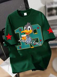 Teen Boys Graphic Print Tee, Cartoon Theme Cute Loose Fit Summer Style - Dark Green - View 1