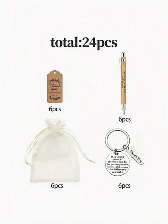 24ชิ้น/6ชุด, ชุดพวงกุญแจวันขอบคุณพระเจ้า, ประกอบด้วยปากกาไม้ไผ่สร้างแรงบันดาลใจ 6ชิ้น, พวงกุญแจ 6ชิ้น, การ์ดขอบคุณ 6ชิ้น, ถุงผ้าแก้ว 6ชิ้น อุปกรณ์ฮาโลวีน วันครู ไอเดียของขวัญคริสต์มาส กระเป๋าใส่สายคล้องคอพร้อมที่ใส่บัตรประจำตัว อุปกรณ์เสริมในรถยนต์ เสน่ห์กระเป๋า เพื่อนในรถยนต์ น้องสาว