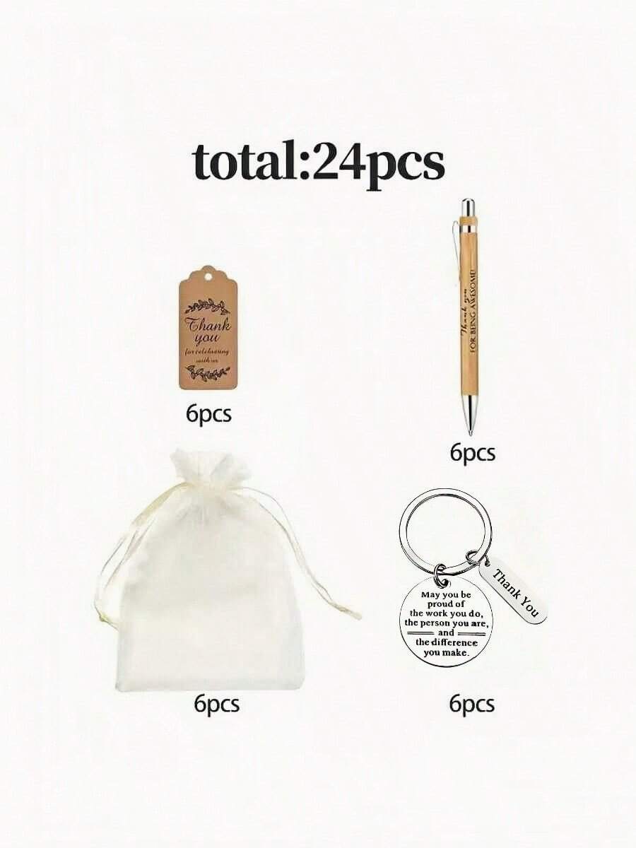 24件/6套，感恩节钥匙扣套装，包含6支励志竹笔、6个钥匙扣、6张感谢卡、6个欧根纱袋，万圣节配饰，教师节，圣诞节礼物创意，带证件夹的挂绳，汽车配饰，包包挂饰，送给朋友或姐妹的礼物