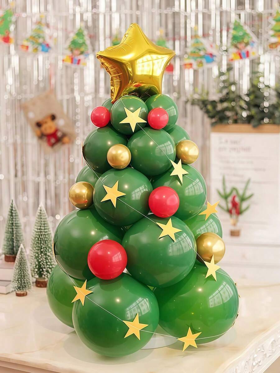 42 قطعة مجموعة بالونات شجرة عيد الميلاد، بالونات شجرة عيد الميلاد الخضراء والنجوم الذهبية، مناسبة لديكور عيد الميلاد/الحدائق/المنزل