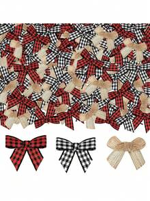 60 件迷你圣诞丝带蝴蝶结，白色、亚麻色和格子丝带蝴蝶结，冬季家居装饰，圣诞装饰，红色和黑色格子，农舍风格蝴蝶结装饰，派对用品，适用于冬季装饰、家居、墙壁和树木装饰，圣诞装饰 - 彩色 - 查看 9