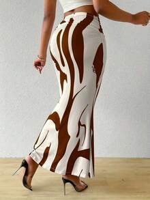 Women's Waist Ruched Fish Tail Hem Printed Elegant Skirt - Brown - View 2