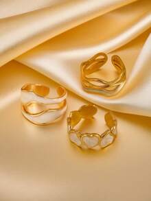 三件套时尚不对称不锈钢艺术珐琅戒指，18K真空镀金不褪色，女士珠宝，情人节礼物，适合日常佩戴