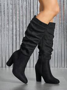 Women's Black Pointed Toe Chunky Heel Mid-Calf Boots, Suede Slip-On Sexy Knee-High Boots For Autumn/Winter - Black - View 2