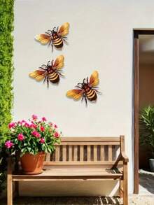 2pcs Acrylic Bee Wall Art Set - Realistic Outdoor Decor For Patio, Garden, Fence And Balcony, Hanging Design, Natural Style Decoration, Bee Decor, 4 Seasons Use, Adhesive Backing