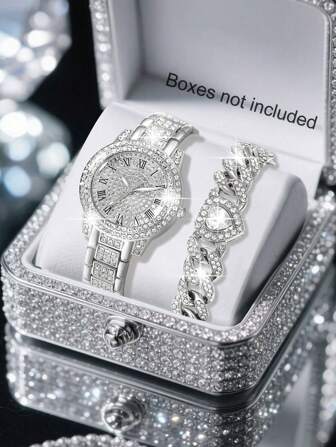 Women's Watch Set, Includes 1 Quartz Watch Encrusted With Diamonds & Gems And 1 Heart-Shaped Bracelet, Ideal For Daily Wear, Birthday Gifts, Parties, Holidays, And Gifts For Yourself Or Friends. No Packaging Included.