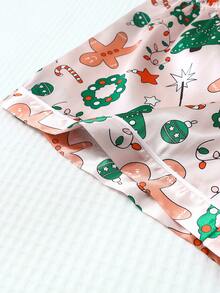 2pcs Satin Pajama Set, Christmas Tree & Gingerbread Man Print Short Sleeve Lapel Top And Bow Shorts, Women Sleepwear & Loungewear Suitable For Christmas - Màu be - Xem 7