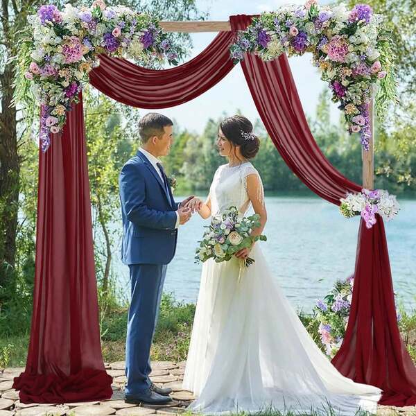 Rideaux transparents pour arche de décor de mariage, fête, plafond, réception - 1 pièce de rideau de fond en mousseline de soie bourgogne transparent, convient pour les cérémonies de mariage, les anniversaires, les baby-showers et les décorations extérieures (300*75cm)