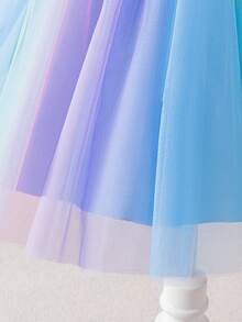 Girls Spring/Autumn Outfit, Collar Fashionable Dress Suit, Colorful Gradient Fluffy Princess Dress With 3D Floral Decor Mid-Length Dress, Children Versatile Top & Vest Dress 2 Pieces Set, Stylish Casual Top, Birthday Party, Holiday, Performance Dress Suit - Blue - View 6