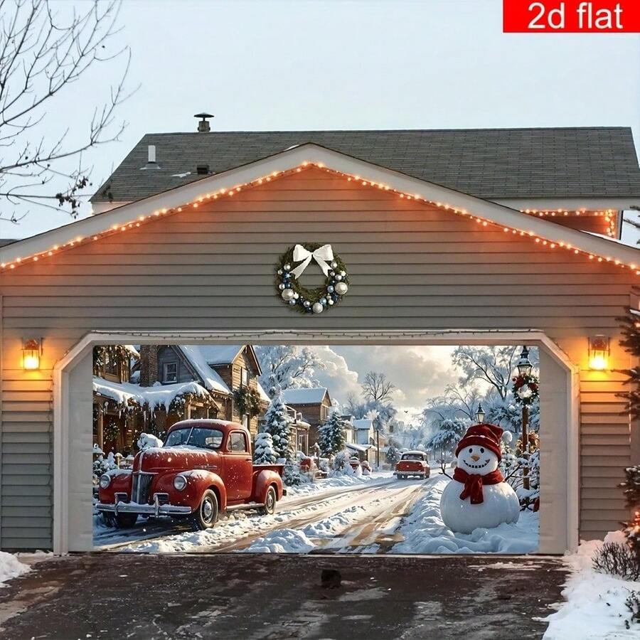 1pc Large Christmas Garage Door Banner, Made Of Polyester, Featuring Snowy Rural Road Scenery, Vibrant Colors, Durable And Decorative For Winter Christmas Eve, New Year Party Wall Decor