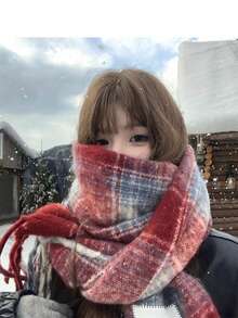 1pc Red Plaid Scarf For Women, Warm Shawl Wrap, Student Style, Tasseled Neck Warmer, 2025 New Collection, Winter For Dress
