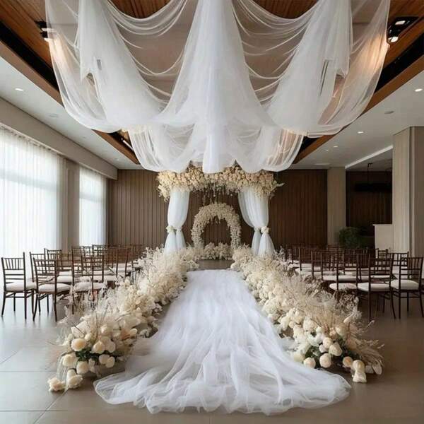 1 Stück eleganter weißer Hochzeitsbogen Dekor Tüll Vorhangstoff, Hochzeitssaison Stuhlrücken Dekor Tüll, geeignet für Hochzeiten, Geburtstage und besondere Anlässe Dekorationen, traumhaft transparentes Mesh Dekor, verwendbar für Weihnachten, Partys, Heiratsanträge, Verlobungen, Valentinstag, Neujahr, Jahrestag - Mehrzweck Dekor Tüll für Decke und Treppe