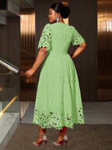 大码夏季女士镂空蕾丝花卉优雅A字长裙派对婚礼礼服 - 薄荷綠 - 查看 2