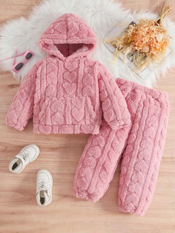 Set di felpa con cappuccio e pantaloni in pile con tasche per ragazze, outfit casual adatto per uscite quotidiane, autunno/inverno