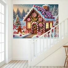 2D Charming Gingerbread House Christmas Photography Backdrop - Includes Candy Canes, Snowman And Lollipops - Suitable For Holiday Shooting And Holiday Decoration, Best Choice For Christmas