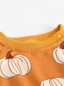 女婴可爱南瓜印花长袖连体衣，配发带，适合万圣节派对、春秋冬季穿着。 - 橘色 - 查看 4