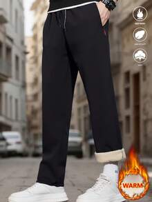 2 Piezas Set, Pantalones de lana de cordero cálidos de invierno para hombres, pantalones rectos casuales con bolsillos con cremallera y cordón, cómodos y fáciles de combinar.