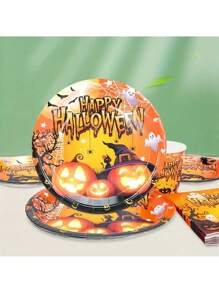 Halloween Party Supplies Orange Halloween Pumpkin Paper Plate Cup Napkin Set Happy Halloween Cake Plate Dinner Plate Scary Birthday Decorations Halloween Decoration