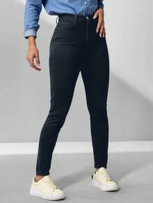 Pantalon Gabardina Dama Jr Tiro Alto Color Caqui Negro Marino Corte Slim - Negro - Ver 3