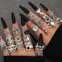 24pcs Gothic Bone Mixed Blood Ring Set Punk Gram Butterfly Frog Female Male Jewelry Hip Hop Party Street Ring Accessories Gift - 復古銀色 - 查看 3