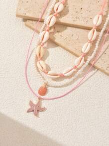 3 Stücke/Set Rosa Seestern & Muschel Perlen Halskette, Schmuck im Beach Resort Stil für Damen