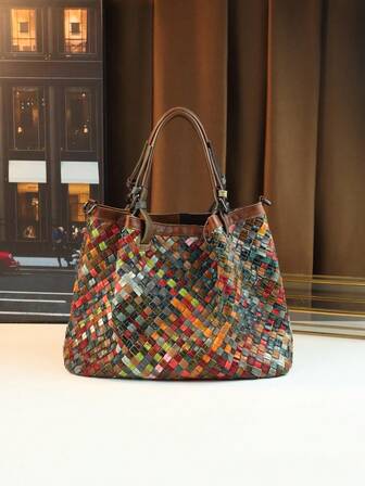 Bolso de mano tejido de moda para viajes, bolso de hombro de gran capacidad, bolso cubo de bloques de color aleatorio, bolso de viaje, bolso de mujer de cuero de primera calidad y cuero genuino