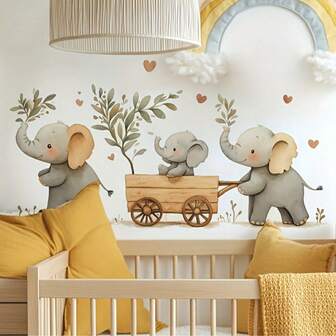 1pc Adorable Elephant Family & Carriage Wall Decal - Watercolor Vinyl Sticker With Hearts, Semi-Matte Finish, Perfect For Youngsters' Bedroom Home Decor, Elephant Decor