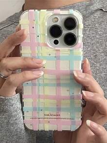 闪光星星不对称格子手机壳适用于 16 15 14 13 Pro Max 可爱防震软后盖 - 彩色格紋 - 查看 3