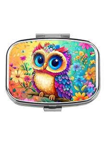 1pc Owl, Puppy, Fox, Cat Pattern Printed Square Pill Box, 2 Compartment Portable Pill Case For Pocket Or Wallet, Decorative Metal Medicine Vitamin Storage Box For Pocket, Wallet, Travel, Unique Gift - Multicolor - View 31
