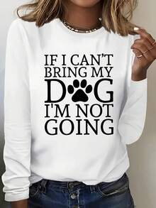 Winter Clothes For Women Ropa De Invierno Mujer Long Sleeve TopsLong Sleeve Crew Neck Dog Paw & Letter Print Casual T-Shirt For Spring & Fall, Women's Clothing Christmas Themed Graphic Print Casual Crew Neck Long Sleeve T-Shirt - trắng - Xem 1