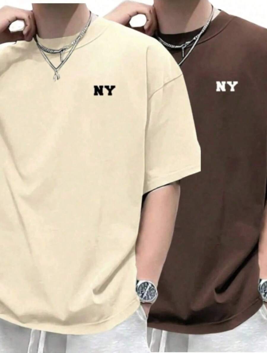 Kit 2 NY T-Shirt Basic Casual Men's Streetwear Top Colors - 咖啡色+米色 - 查看 1