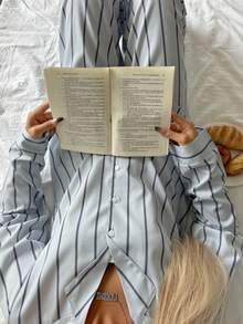 Nina Bonheur 2件套女士宽松舒适透气条纹长袖上衣和裤子家居服套装，舒适保暖，秋冬服装 - 灰色 - 查看 2