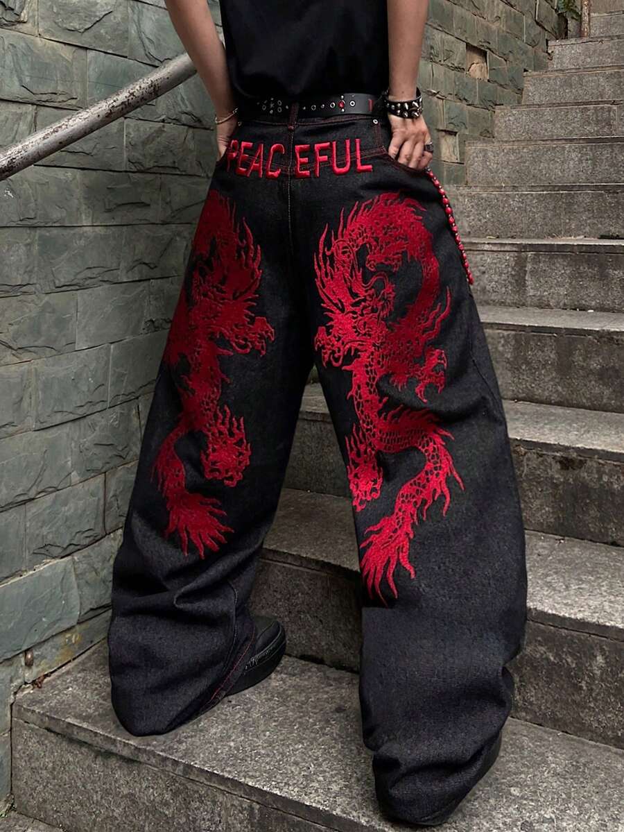 1件复古美式风格男士刺绣阔腿牛仔裤，个性化口袋，宽松休闲牛仔裤（不含腰带和配饰） - 黑色 - 查看 1