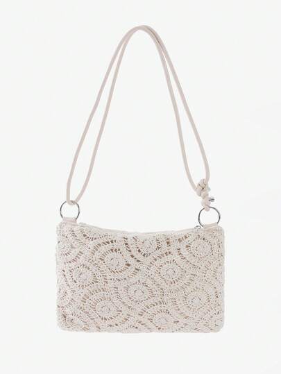 Women's Floral Hollow Crochet Shoulder Bag Bohemian Crossbody Bag Women's Underarm Bag Handbag Sweet Elegant Women's Bag Tote Bag Beige Bag Adjustable Shoulder Strap (Random Pattern)