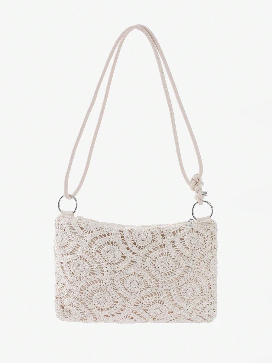 Women's Floral Hollow Crochet Shoulder Bag Bohemian Crossbody Bag Women's Underarm Bag Handbag Sweet Elegant Women's Bag Tote Bag Beige Bag Adjustable Shoulder Strap (Random Pattern) - Beige - View 1