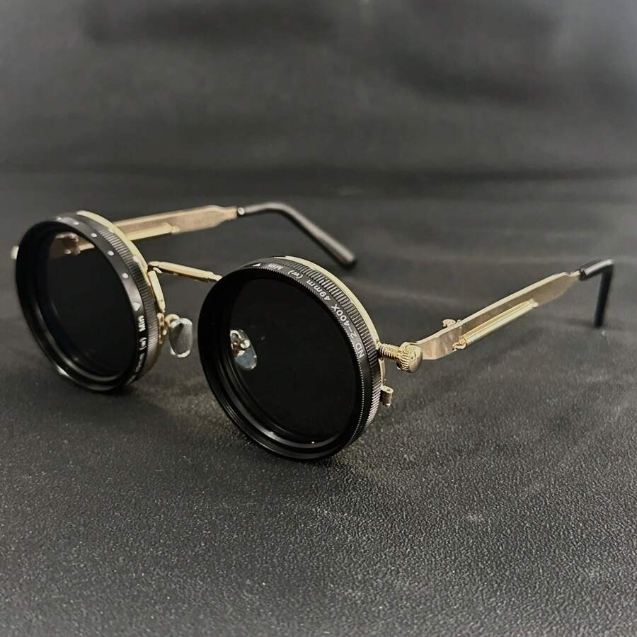 Men's Retro Spandex Style Rotating Sunglasses - Adjustable Brightness Steampunk Style Alloy Frame, Black And Gray Gradient Lenses, Travel And Fashion Accessories, Fashion Sunglasses, Party Sunglasses, Suitable For Bohemian Style Sunglasses - màu đen - Xem 1