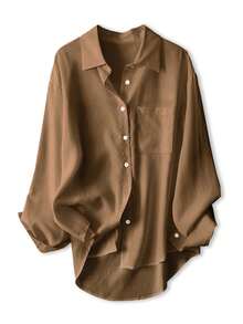 女士休闲宽松长袖衬衫，春秋季 - 駝色 - 查看 3