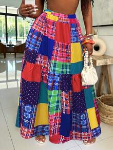 Plus-Size-Holiday Chic Bohemian Plaid Print Patchwork Elastic Waist Waist Side Pocket Half Skirt. - Pink - View 7