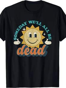 Men's Retro Existentialist Halloween T-Shirt - Cartoon Sun Graphic Tee "One Day We Will All Die", Casual Black Crew Neck Summer Tee, Machine Washable, Summer Clothes, Funny Design, Easy Care Fabric, Eye-Catching Tee, Vintage Style, Durable Print, Slogan Tee, Humor Lovers - 黑色 - 查看 1