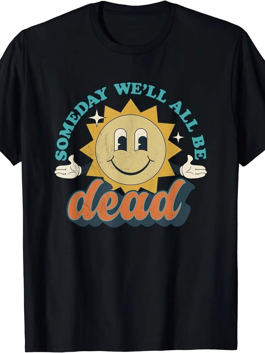 Men's Retro Existentialist Halloween T-Shirt - Cartoon Sun Graphic Tee "One Day We Will All Die", Casual Black Crew Neck Summer Tee, Machine Washable, Summer Clothes, Funny Design, Easy Care Fabric, Eye-Catching Tee, Vintage Style, Durable Print, Slogan Tee, Humor Lovers - 黑色 - 查看 1