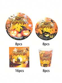 Halloween Party Supplies Orange Halloween Pumpkin Paper Plate Cup Napkin Set Happy Halloween Cake Plate Dinner Plate Scary Birthday Decorations Halloween Decoration