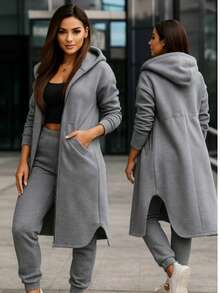 Conjunto Deportivo Casual con Abrigo Largo y Capucha - Gris - Ver 2